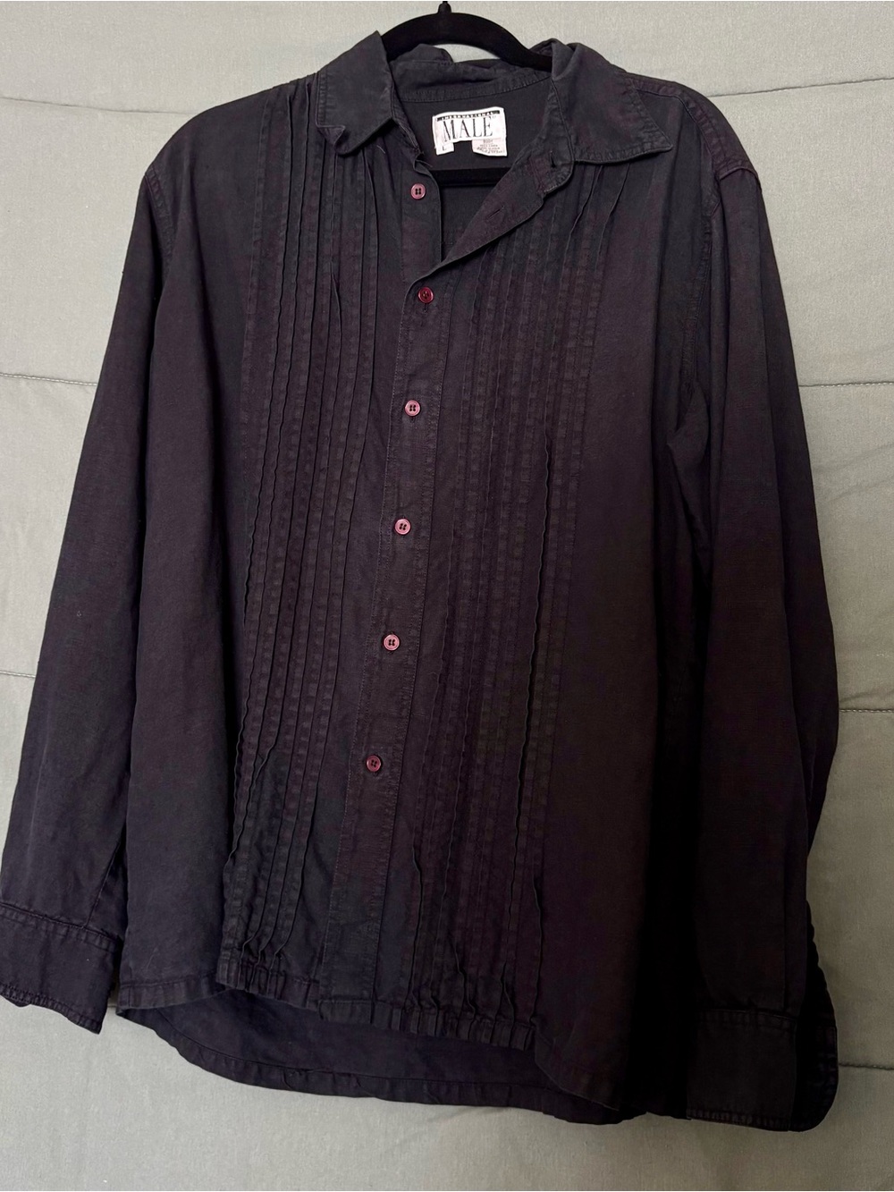 Black Linen Vintage Pintuck Button-Up Shirt Size Large